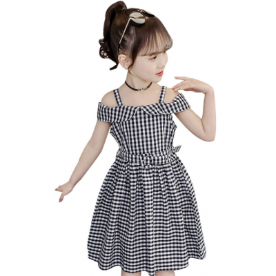 Kids Teen Children Girl Off Shoulder Strap Plaid Print Dress Belt Casual Dresses